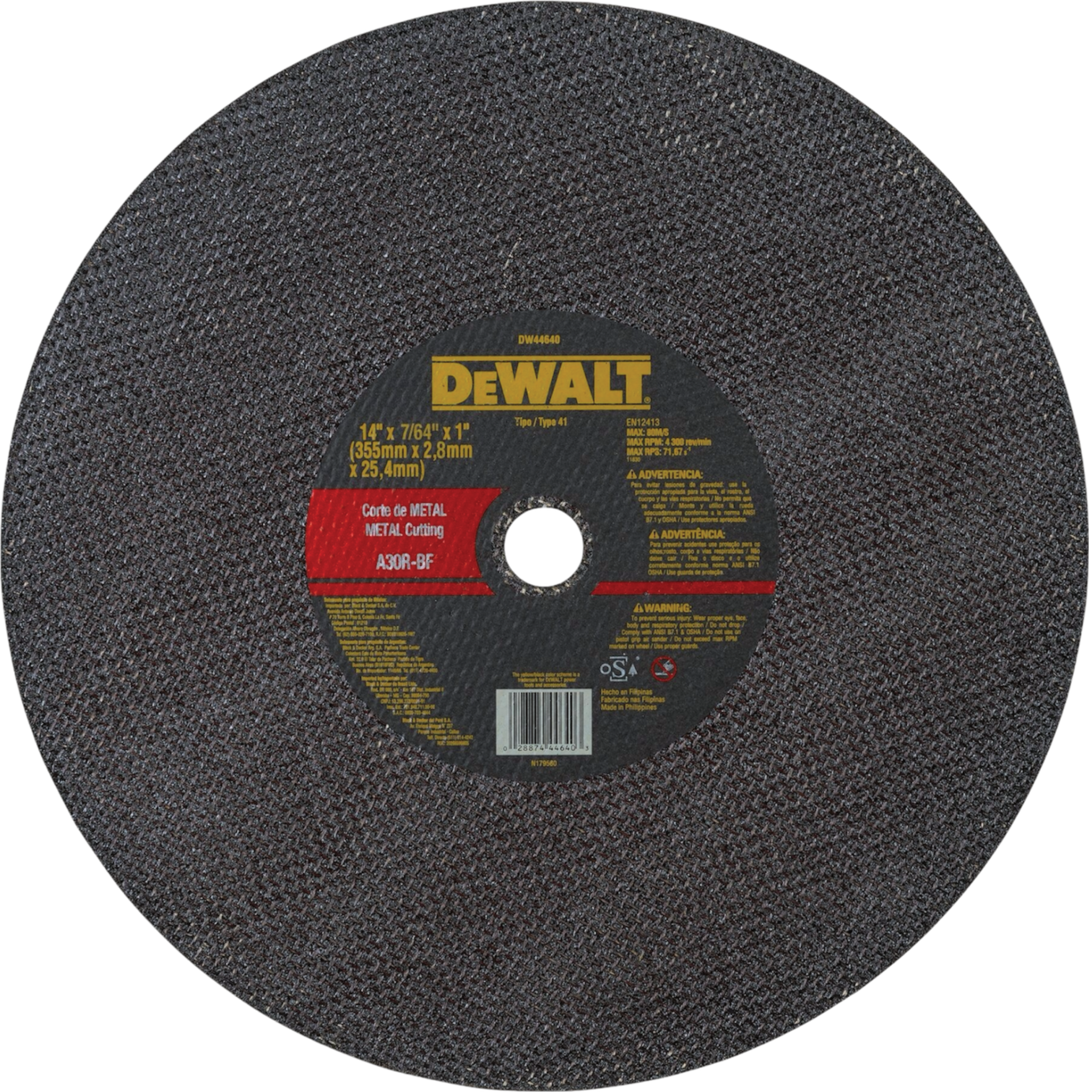 Disco Abrasivo Corte Metal para Tronzadora 14” x 2.8mm - DW44640-PH