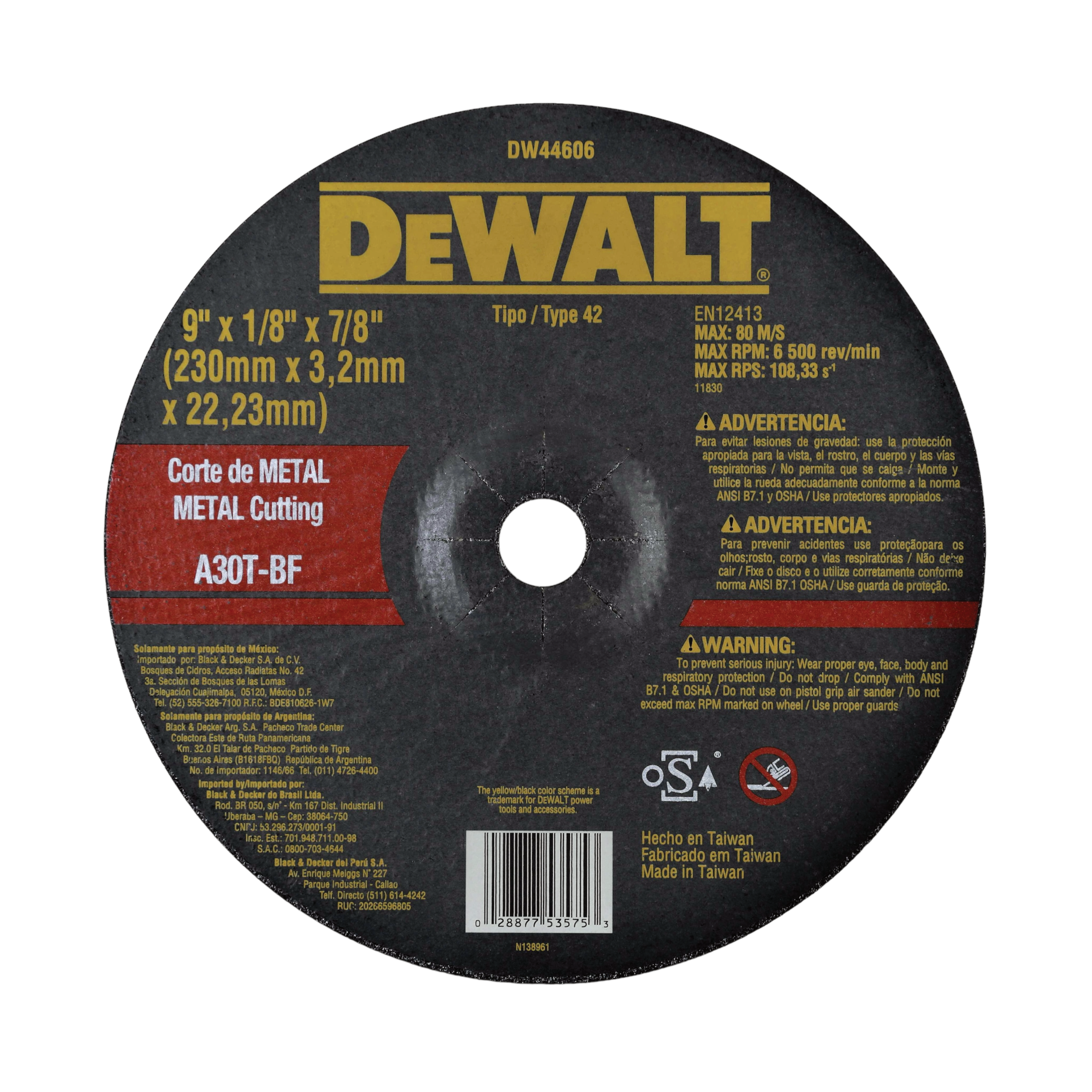 Disco Abrasivo Desbaste Metal Corte 9” x 3.2mm -  DW44606