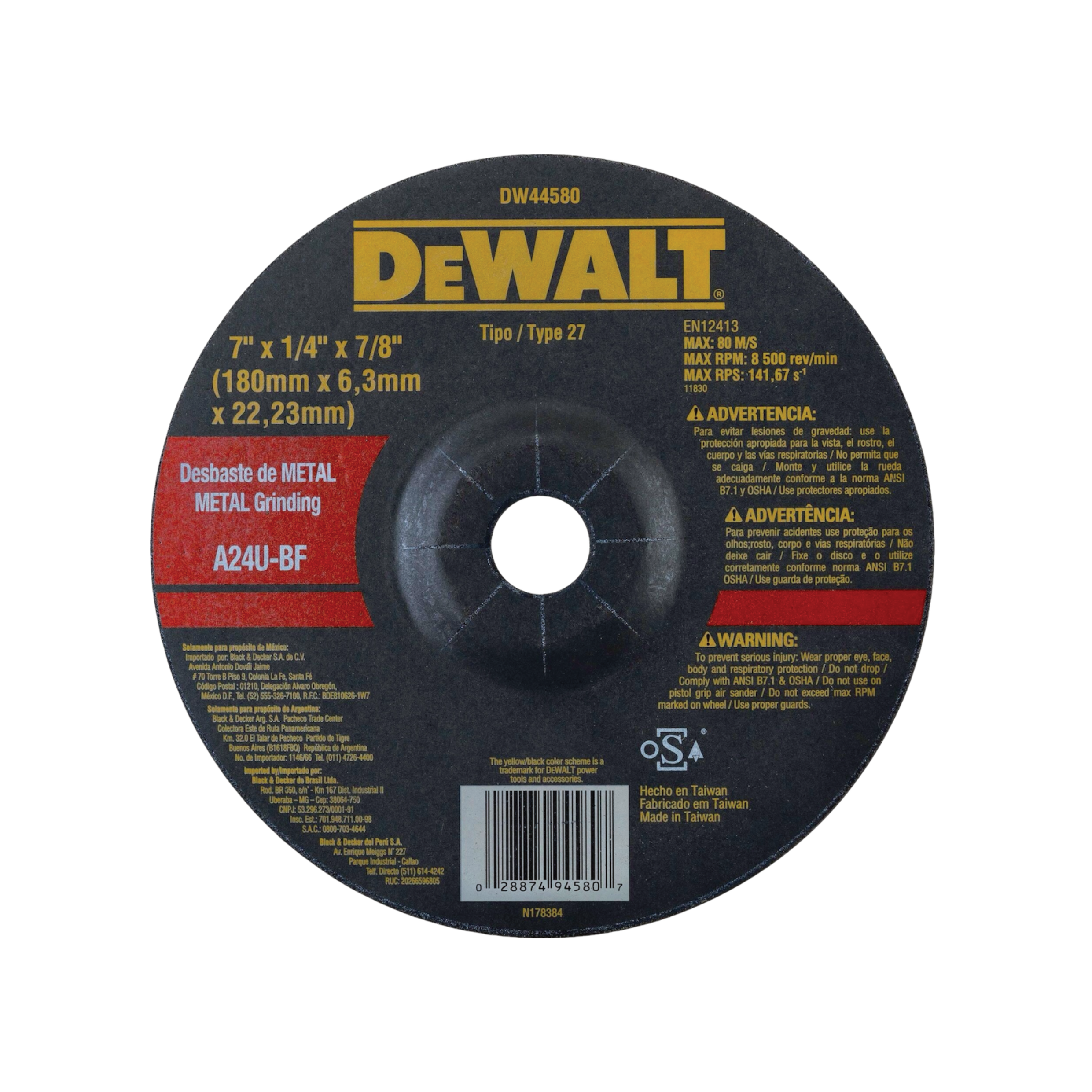 Disco Abrasivo Desbaste Metal Cóncavo 7” x 6.0mm - DW44580-PH