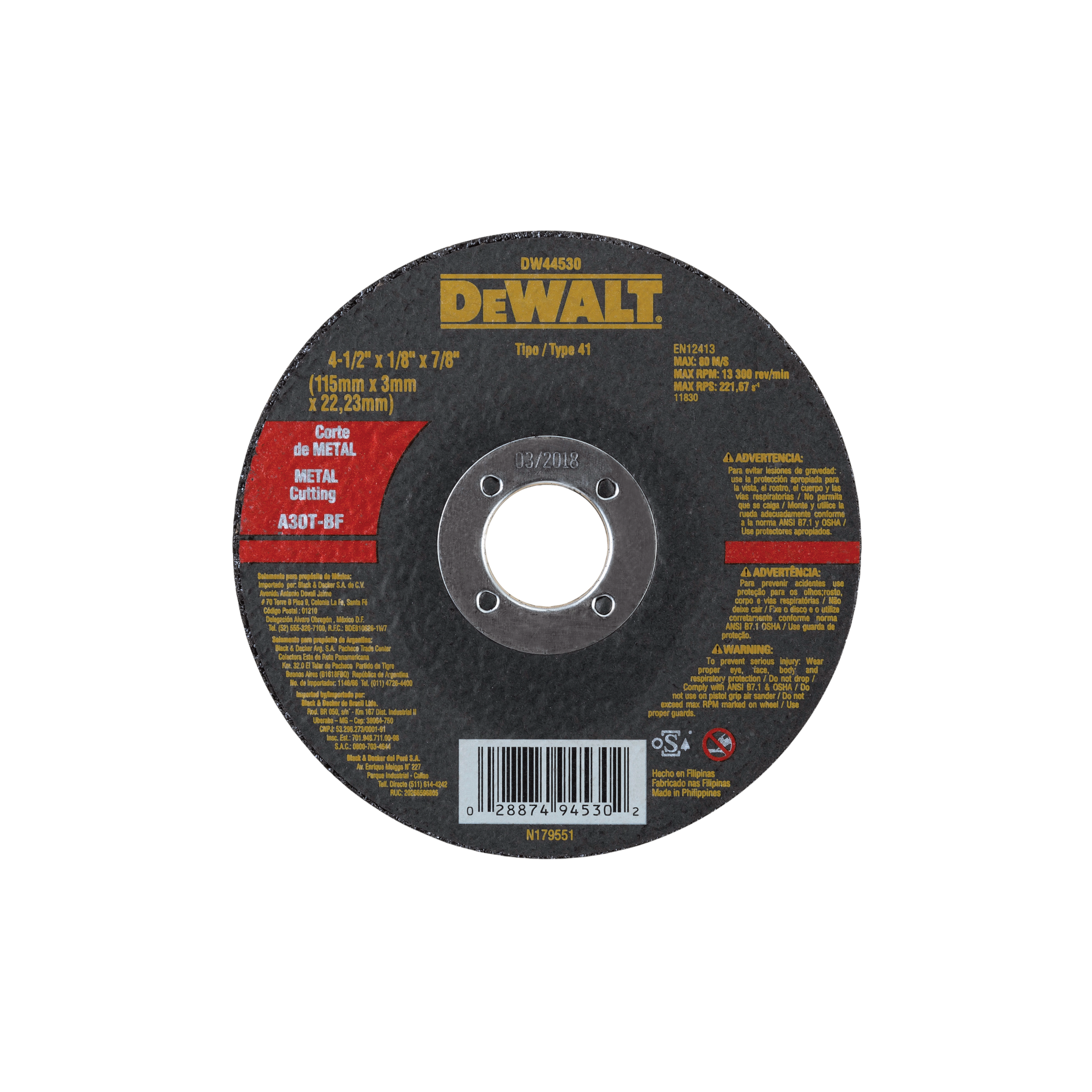 Disco Abrasivo Corte Metal Plano 4-1/2” x 3.2mm - DW44530