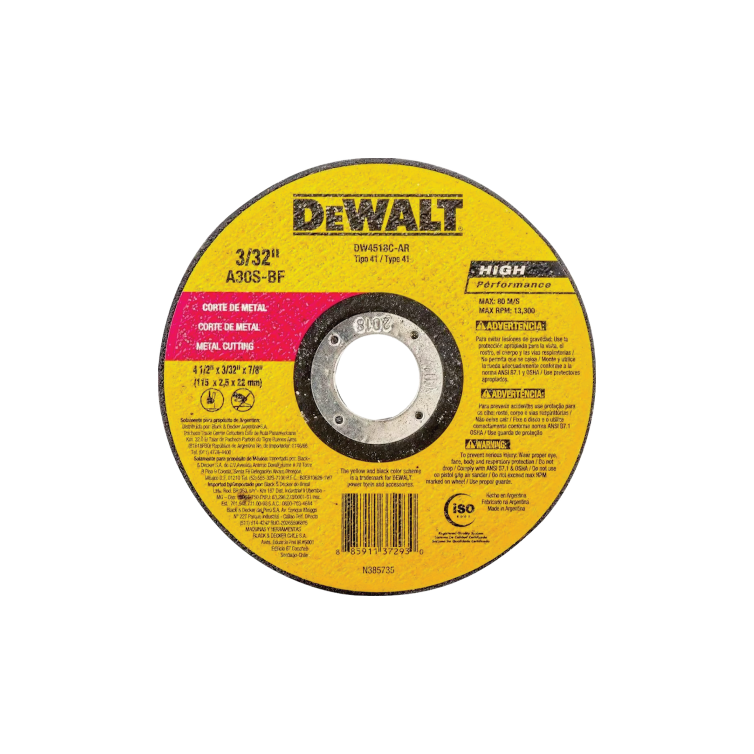 Disco Abrasivo Corte Metal Plano 4-1/2” x 2.5mm - DW4518C-AR