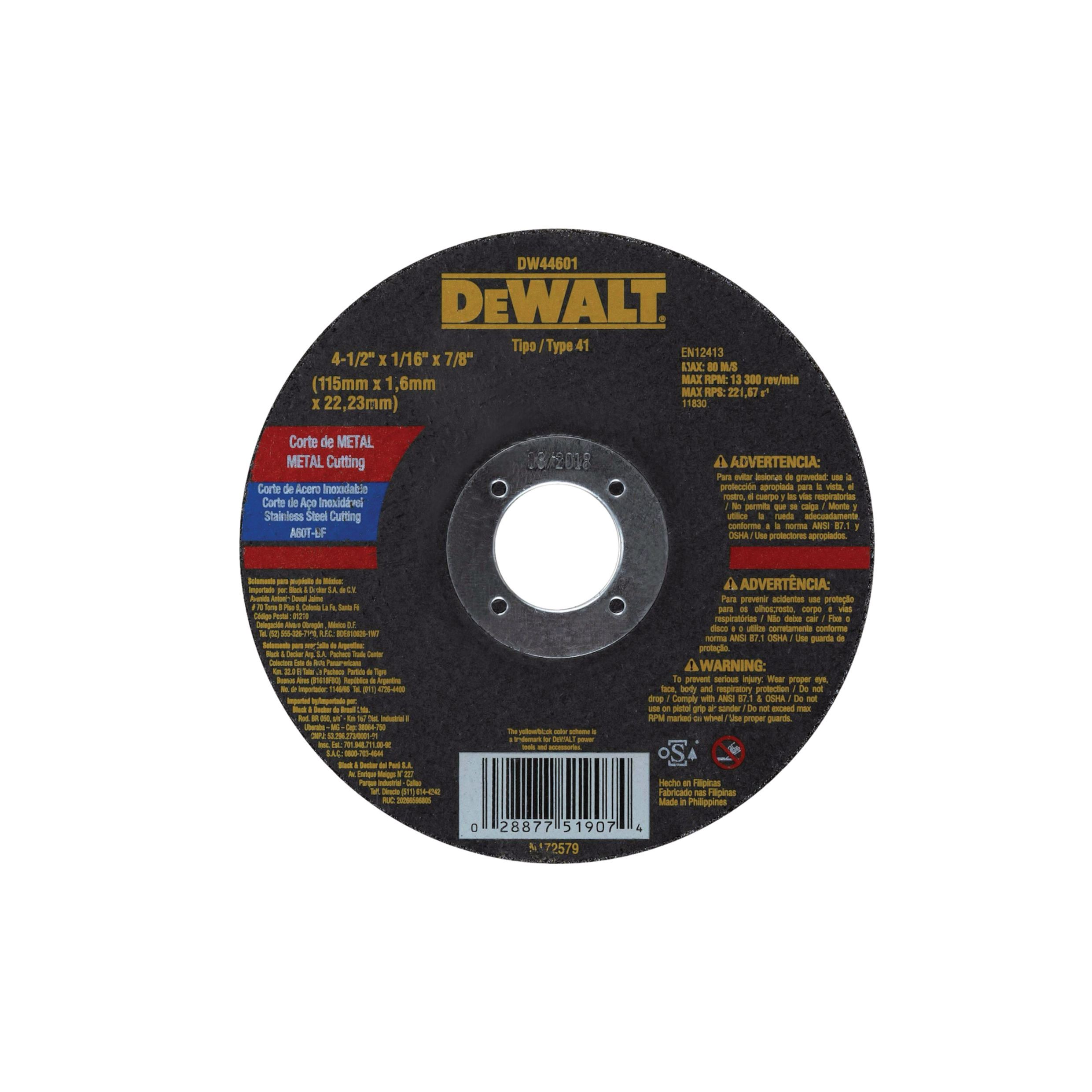 Disco Abrasivo Corte Metal Plano 4-1/2” x 1.6mm - DW44601